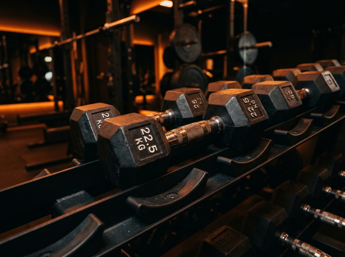 Free weights dumbbell rack in modern gym setting