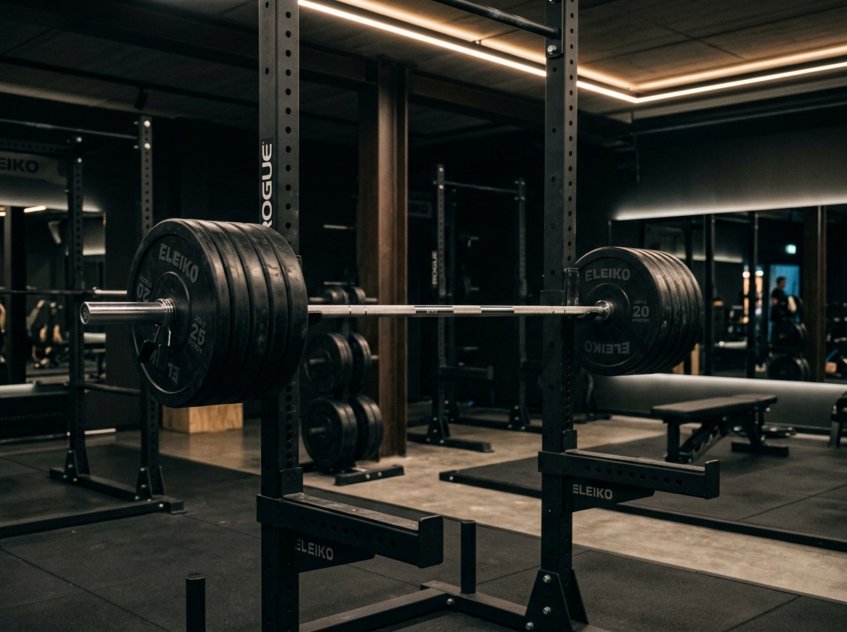 Heavy barbell loaded on squat rack in powerlifting section
