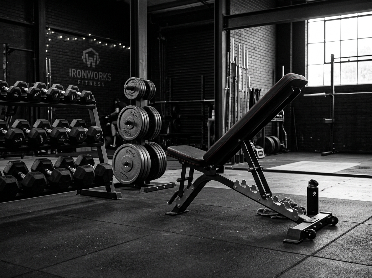 Adjustable workout bench and plates area